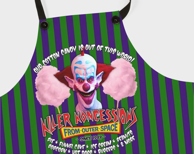 Killer Koncessions from Outer Space Apron | Carnival Clown Horror Halloween Kitchen Cooking Baking Grill Accessories Fathers Day Tools Gifts