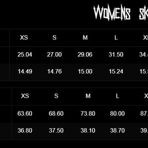May include: Size chart for women's skater skirts in imperial and metric measurements. The chart shows waist and length measurements in inches and centimetres for sizes XS, S, M, L, XL, and 2XL.