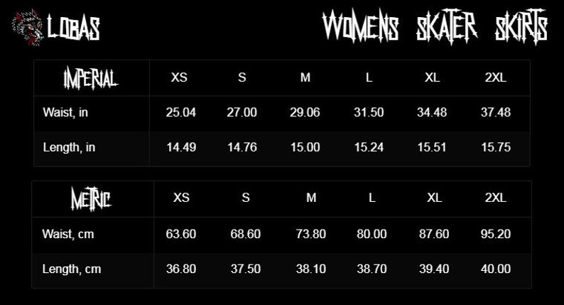 May include: Size chart for women's skater skirts in imperial and metric measurements. The chart shows waist and length measurements in inches and centimetres for sizes XS, S, M, L, XL, and 2XL.