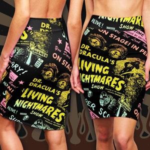 Living Nightmares Women's Pencil & Skater Skirts | Dracula Retro Horror Monster Spook Show Psychobilly Rockabilly Vintage Pin Up Dresses