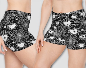 Pantalones cortos tipo botín para mujer con diseño de corazones de telaraña, góticos, punks, psicobilly, terror, Halloween, natación, playa, verano, pijamas, salón, yoga, ropa deportiva.