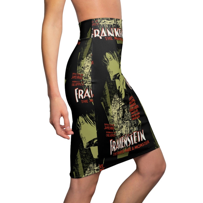 These sexy pencil skirts and casual skater skirts feature a Frankenstein movie poster print design. The perfect addition to any Psychobilly, Rockabilly, Vintage Horror, Pin Up inspired wardrobe or gift for Universal Monsters and Frankenstein fans.