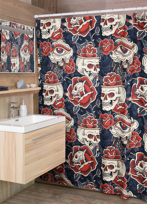 SAILOR JERRY シャワーカーテン Tattoo Skulls Shower Curtain | Vintage Traditional American Sailor