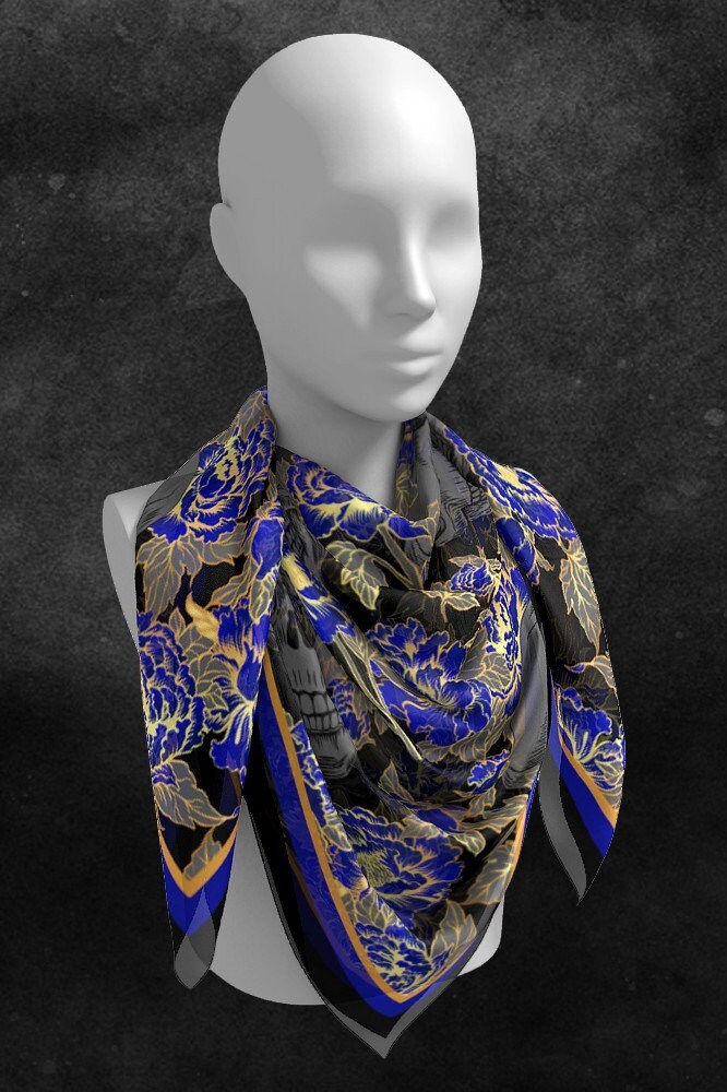 Blue Floral Skull Chiffon Scarf | Botanical Mystical Whimsigoth