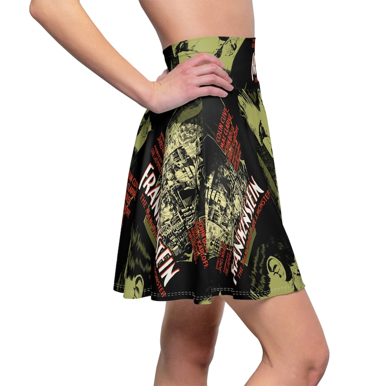 These sexy pencil skirts and casual skater skirts feature a Frankenstein movie poster print design. The perfect addition to any Psychobilly, Rockabilly, Vintage Horror, Pin Up inspired wardrobe or gift for Universal Monsters and Frankenstein fans.