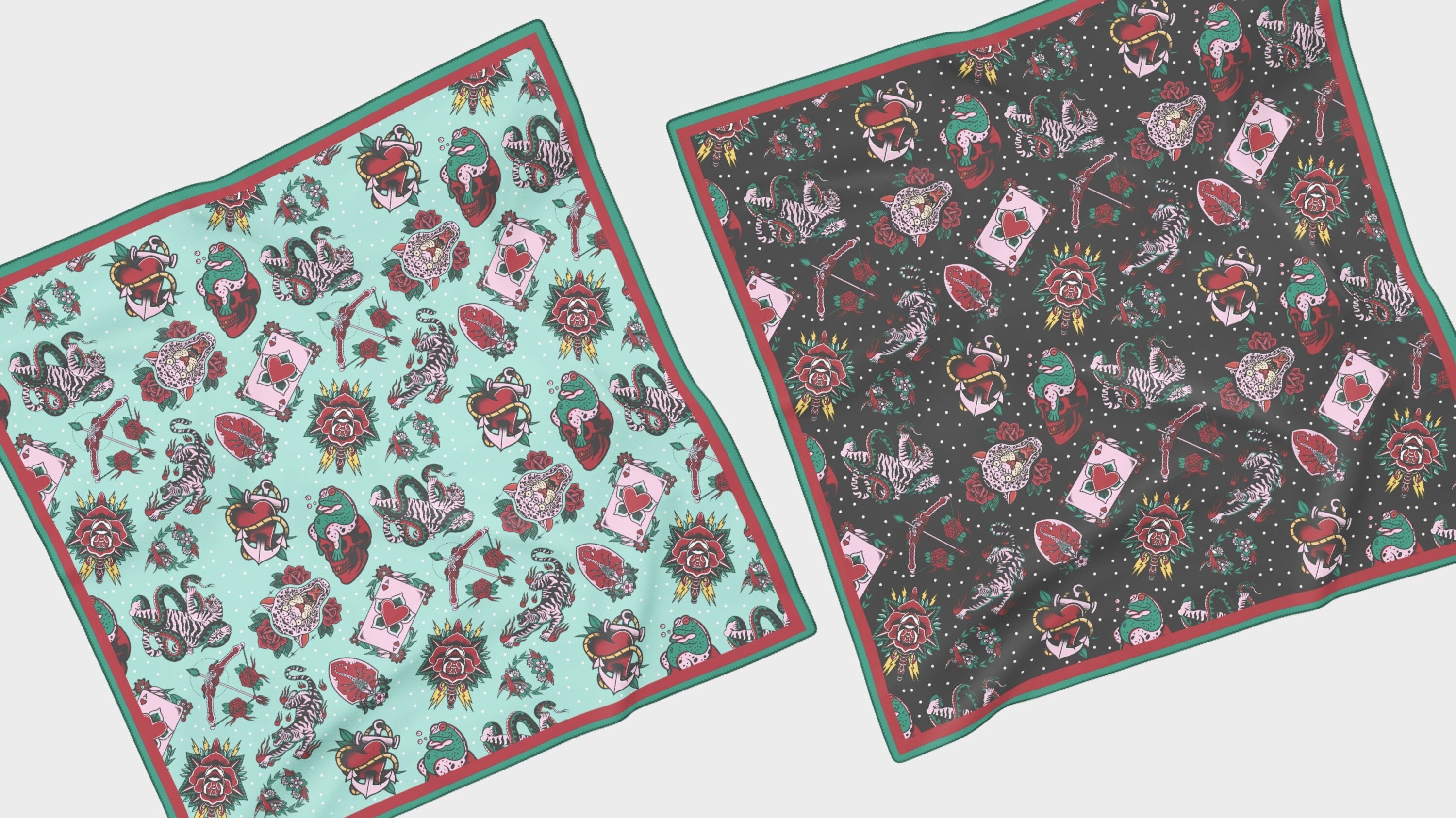 Tattoo Print Chiffon Scarf | Rockabilly Psychobilly Old School Traditional Vintage Retro Pin Up Hair Accessory Headband Bandana Neckerchief
