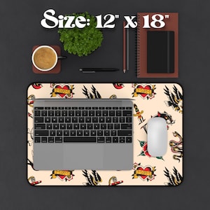 Our Tattoo Print Desk Mat is great for that extra personal touch at work or in your home office. These are the perfect addition to your retro, vintage, old school, traditional sailor tattoo, rockabilly themed gaming desk setup.