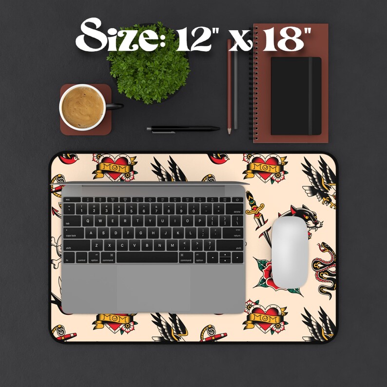 Our Tattoo Print Desk Mat is great for that extra personal touch at work or in your home office. These are the perfect addition to your retro, vintage, old school, traditional sailor tattoo, rockabilly themed gaming desk setup.