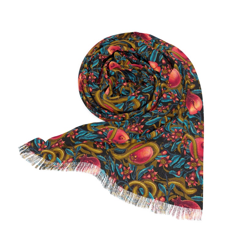 Our Pomegranate Snakes Light Scarf is transparent and printed in detail making a great shawl, hip scarf, or scarf through fall and winter. Great for fans of dark coquette, gothic femme, romantic, mystic, magic, high priestess, witchy inspired styles.