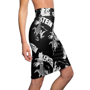 These sexy pencil skirts and casual skater skirts feature a Frankenstein print design in Black & White. A perfect addition to any Psychobilly, Rockabilly, Vintage Horror, Pin Up inspired wardrobe or gift for Universal Monsters and Frankenstein fans.