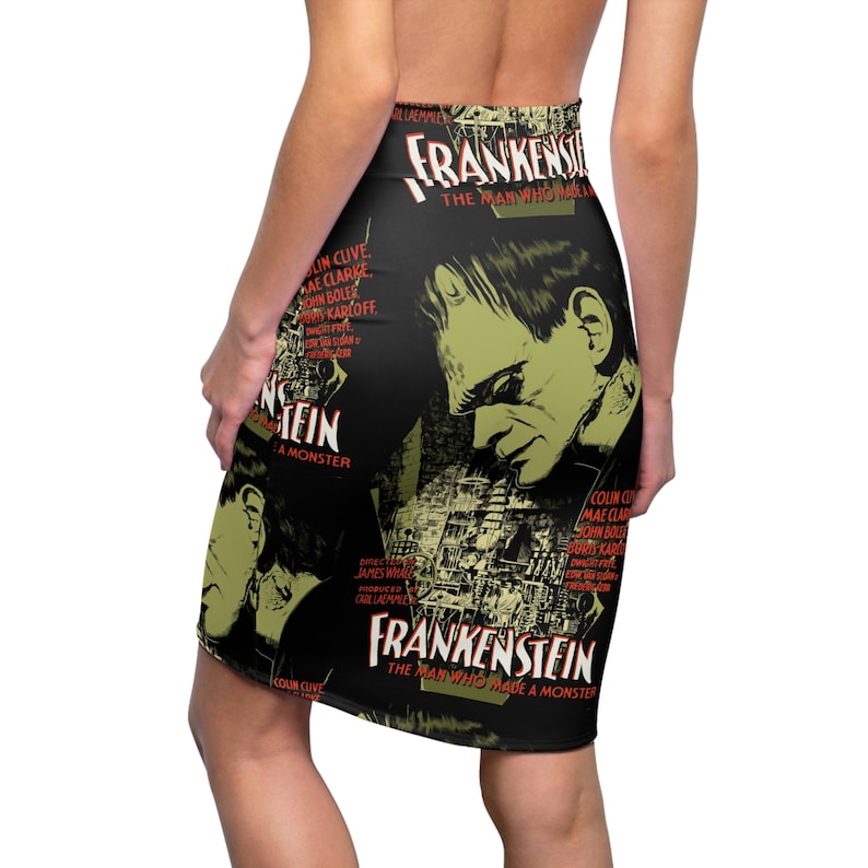 These sexy pencil skirts and casual skater skirts feature a Frankenstein movie poster print design. The perfect addition to any Psychobilly, Rockabilly, Vintage Horror, Pin Up inspired wardrobe or gift for Universal Monsters and Frankenstein fans.