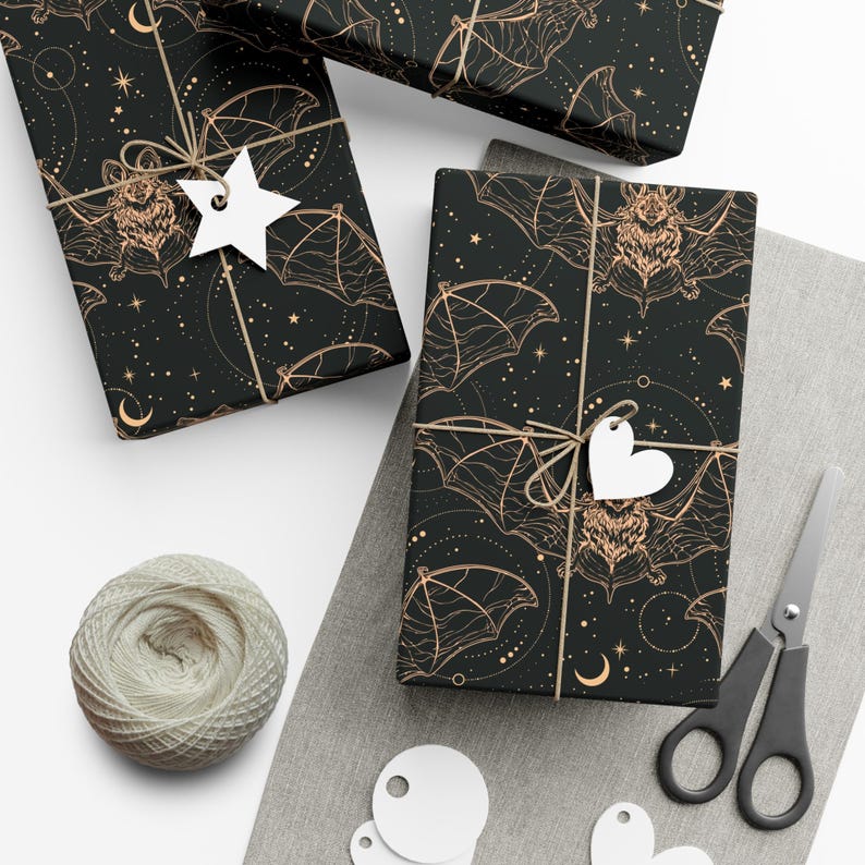 Our Celestial Bats Wrapping Paper is the cherry on top to a great gift. The perfect wrapping paper for bohemian gothic, whimsigoth, witchy, horror, dark academia, occult, Halloween themed birthday, romantic anniversary, wedding, or Christmas gifts.