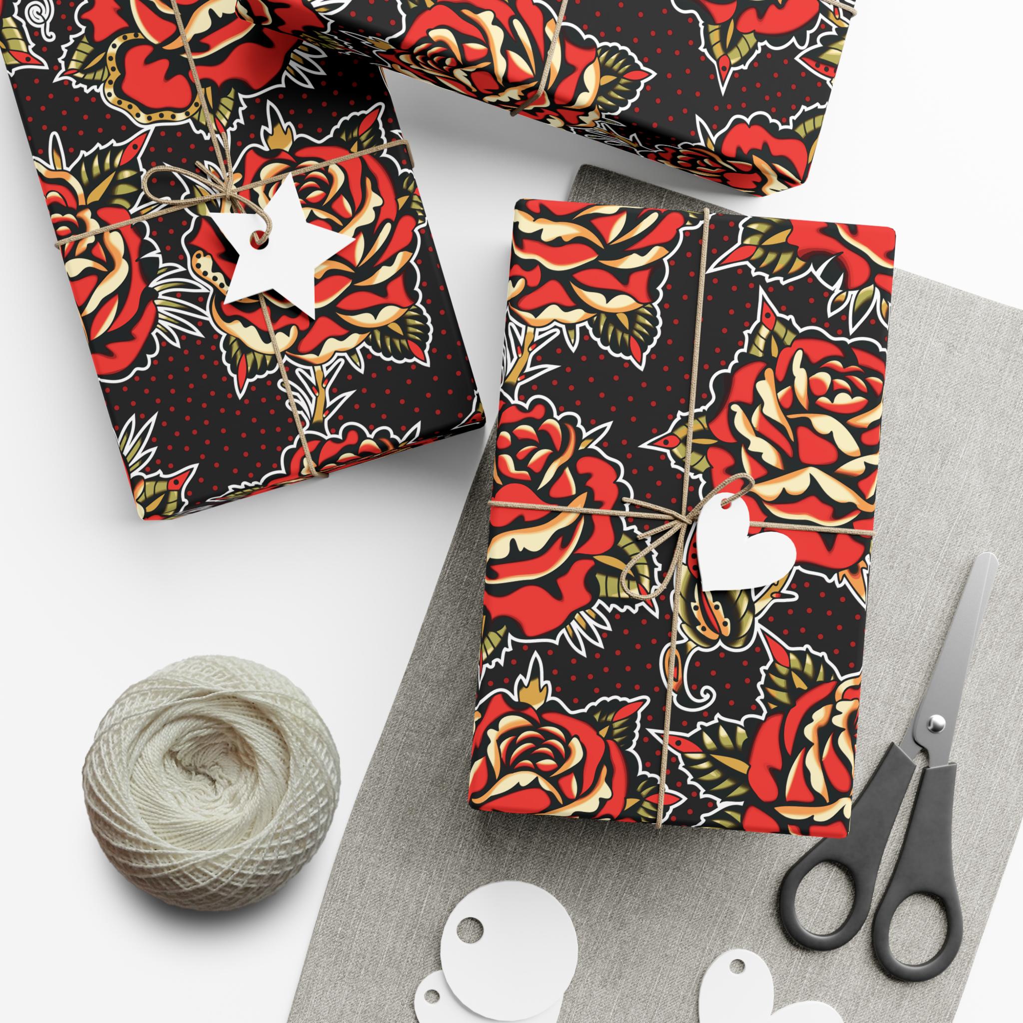 Old Roses Wrapperz Rose Tattoo Wrapping Paper | Traditional Sailor Retro Rockabilly ...
