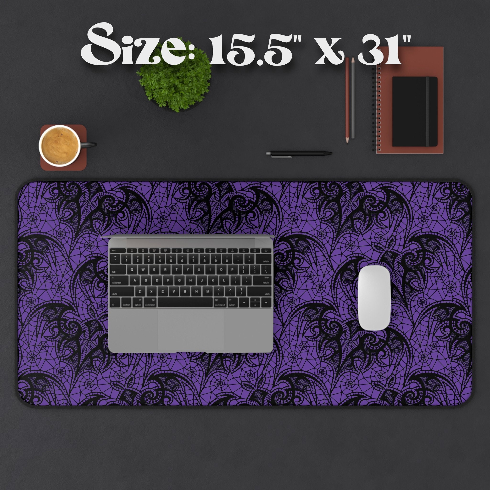 Purple Bats Spiderwebs Lace Desk Mat | Gothic Magic Witchy