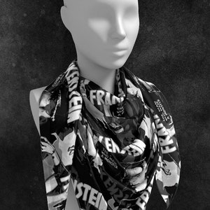 Our Black White Frankenstein Chiffon Scarf makes the perfect accessory for your Rockabilly, Psychobilly, Vintage, Retro Pin Up style outfits and a great gift for fans of Frankenstein and Universal Monsters Classic Horror Movies.