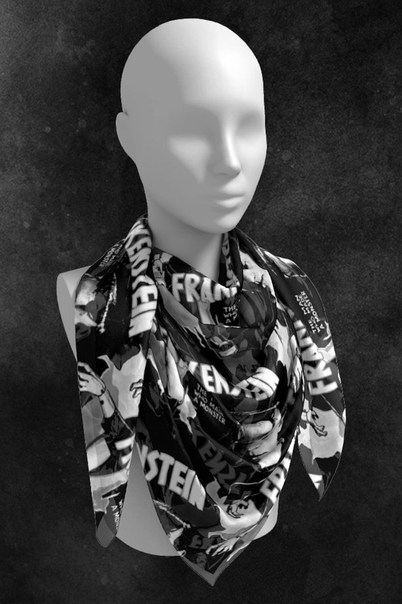 Our Black White Frankenstein Chiffon Scarf makes the perfect accessory for your Rockabilly, Psychobilly, Vintage, Retro Pin Up style outfits and a great gift for fans of Frankenstein and Universal Monsters Classic Horror Movies.