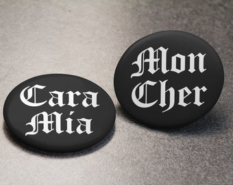 Cara Mia & Mon Cher 2 pcs Matching Couples Button Set | Morticia Gomez Addams Family Romantic His Hers Anniversary Wedding Gifts