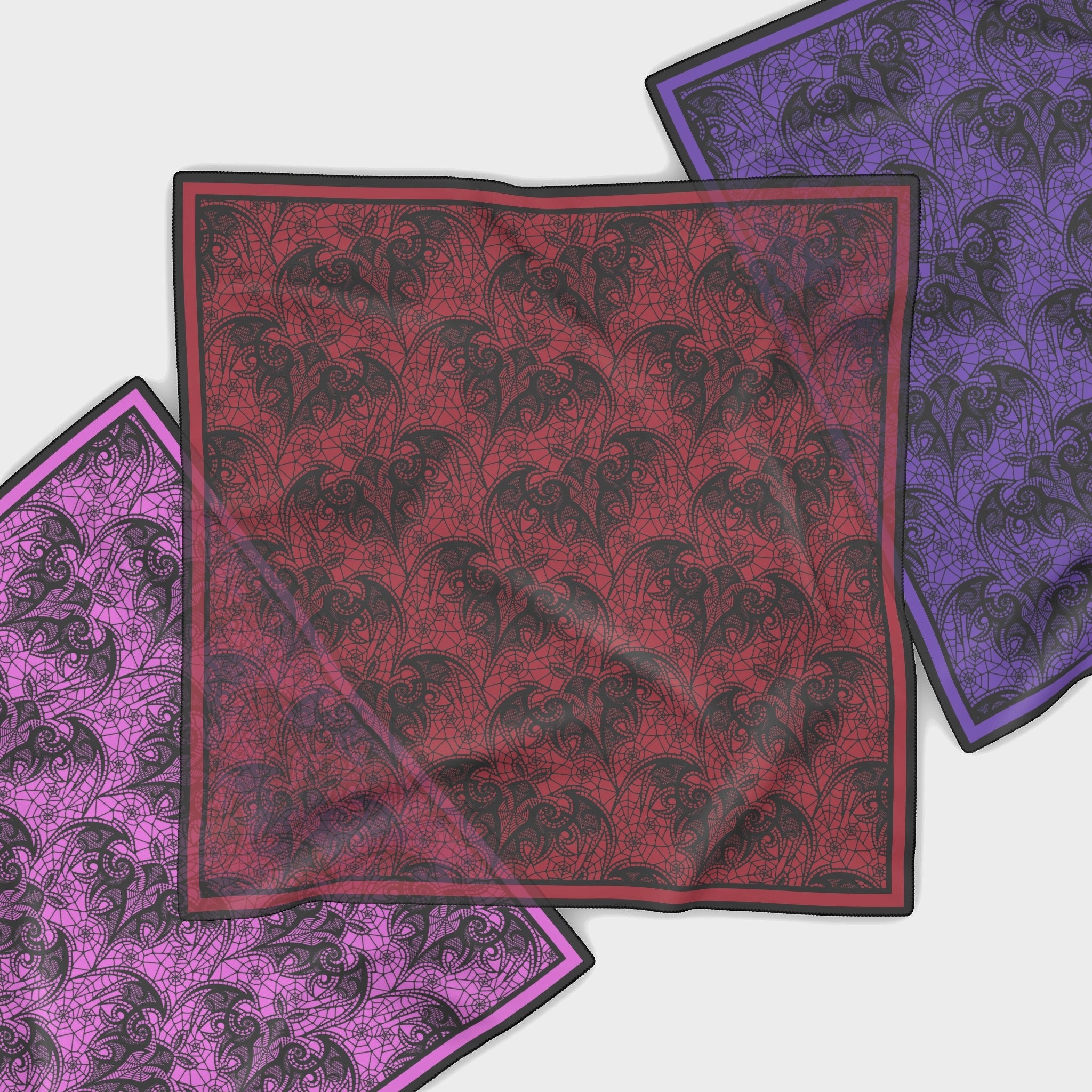 Bats Spiderwebs Chiffon Scarf | Whimsigoth Horror Goth Punk Hair Accessory Fashion Headband Bandana Neckerchief Valentine Gift Present