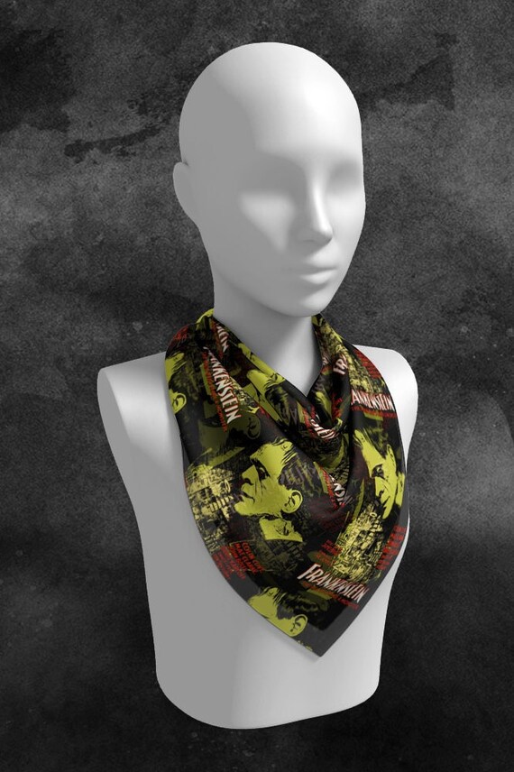 Green Red Frankenstein Chiffon Scarf |  Monsters Psychobilly Rockabilly Vintage Retro Pin Up Hair Accessories Headband Bandana
