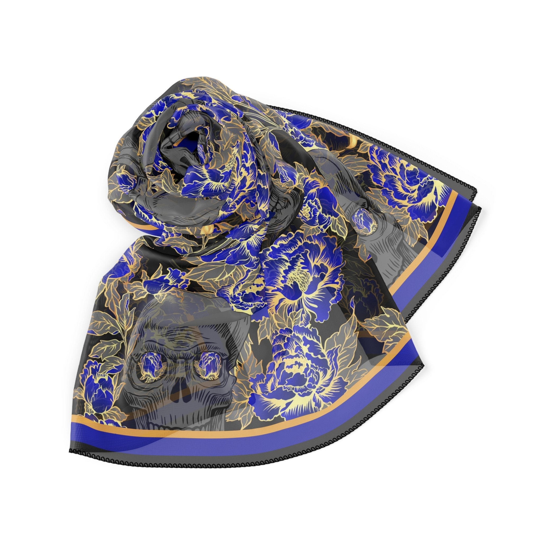 Blue Floral Skull Chiffon Scarf | Botanical Mystical Whimsigoth