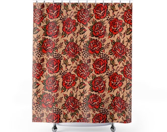 Rose Tattoo Print Shower Curtain | Vintage Traditional American