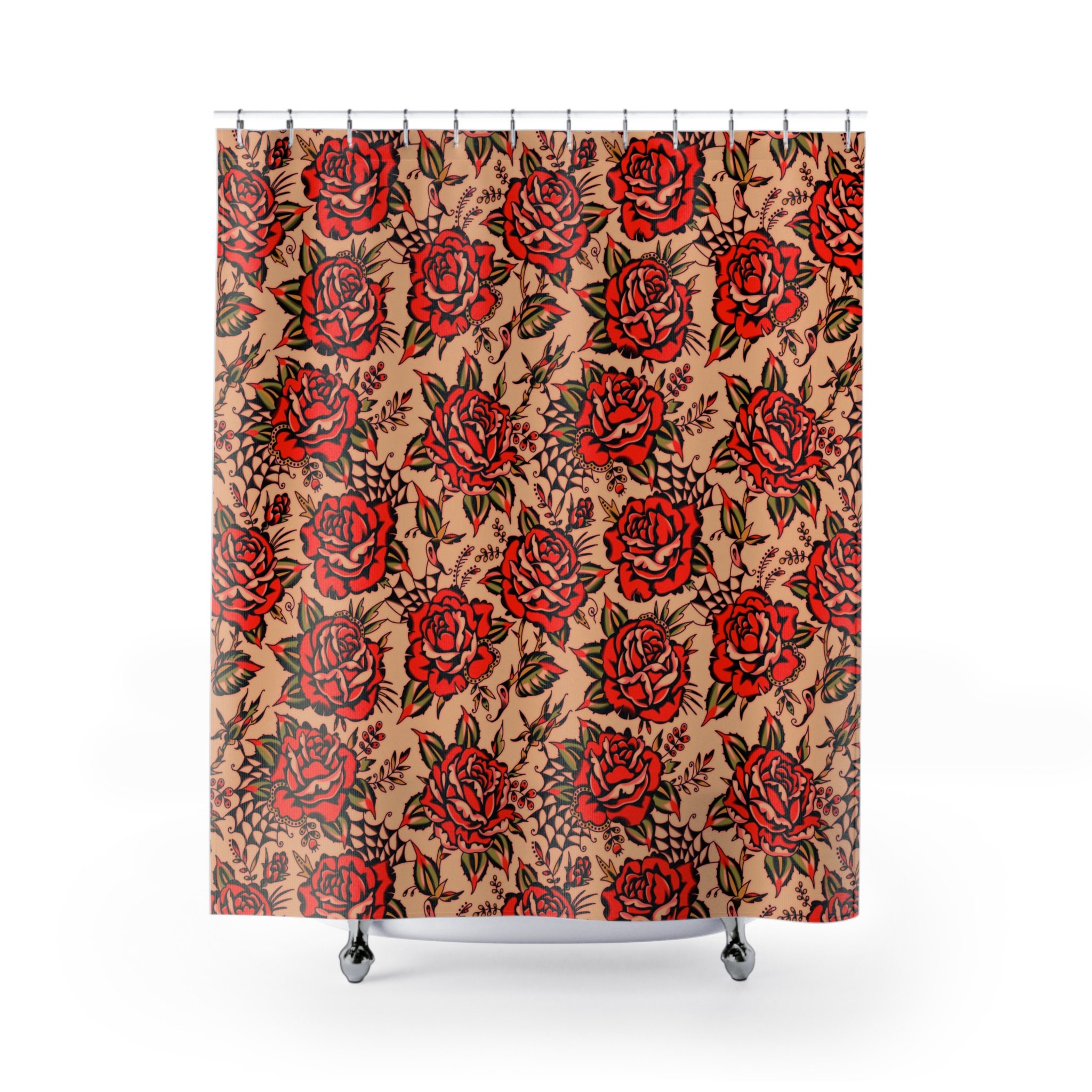 Rose Tattoo Print Shower Curtain | Vintage Traditional American