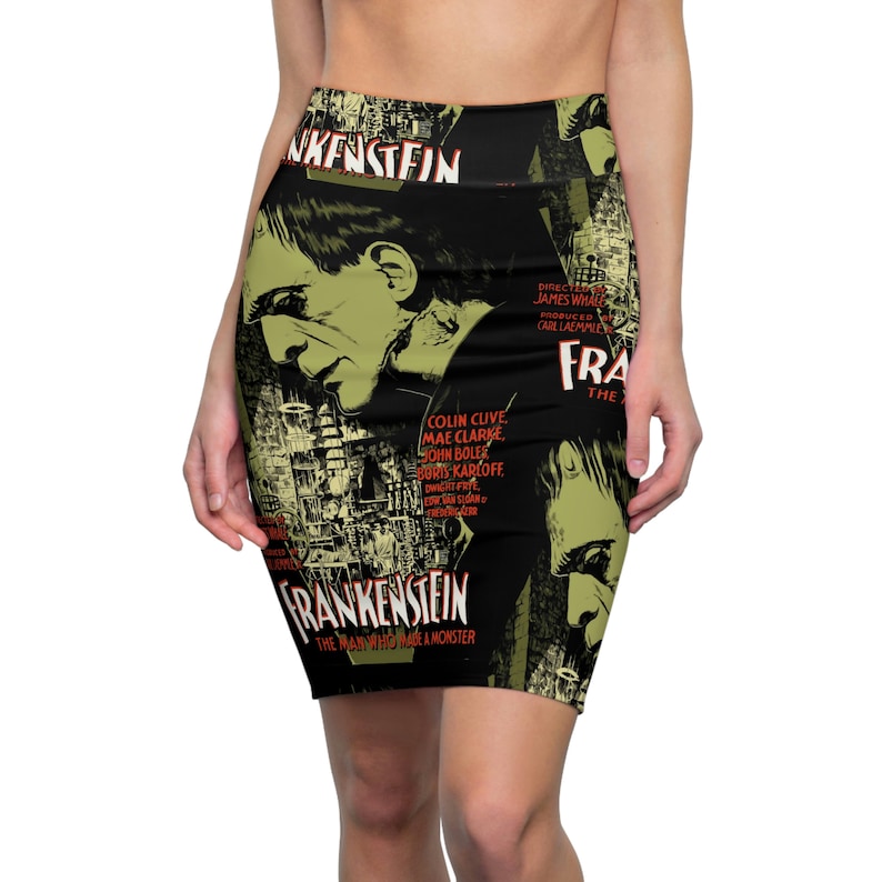 These sexy pencil skirts and casual skater skirts feature a Frankenstein movie poster print design. The perfect addition to any Psychobilly, Rockabilly, Vintage Horror, Pin Up inspired wardrobe or gift for Universal Monsters and Frankenstein fans.