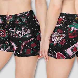 Pink Tattoo Print Women&#39;s Booty Shorts | American Traditional Goth Punk Psychobilly Ink Swim Summer Pajamas Lounge Yoga Active Wear Bottom