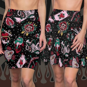Tattoo Print Women&#39;s Pencil & Skater Skirts | Old School Traditional Americana Psychobilly Rockabilly Vintage Pin Up Dresses Skirts