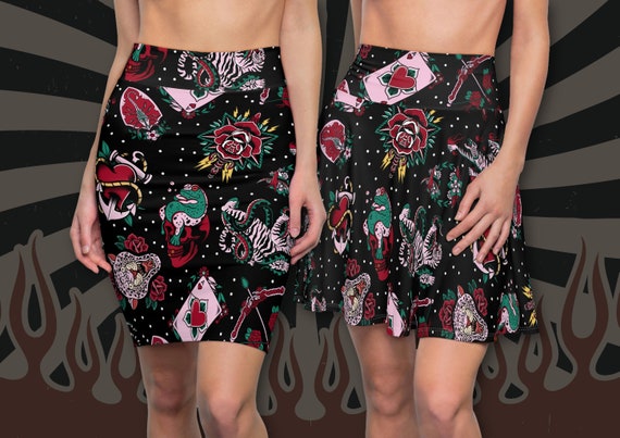 Jupes crayon et patineuse a imprime tatouage pour femme Old School Traditional Americana Psychobilly Rockabilly vintage Pin Up Robes Jupes Etsy France