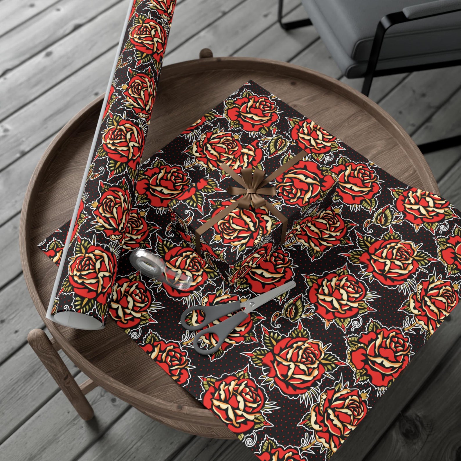 Old Roses Wrapperz Rose Tattoo Wrapping Paper | Traditional Sailor Retro Rockabilly ...