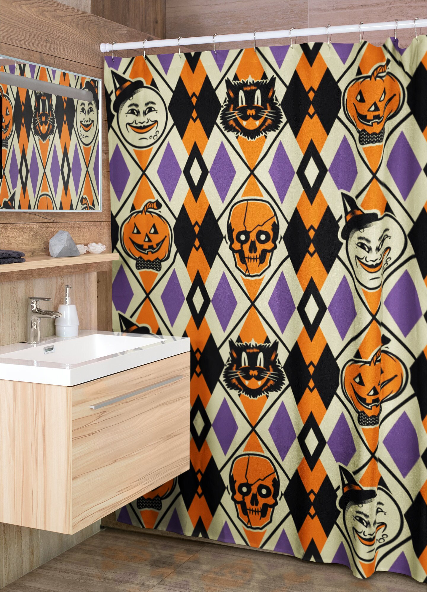 Vintage Halloween Duschvorhang | Gothic Skelett & Kürbis Design | Polyester Stoff Badvorhang Mit Haken