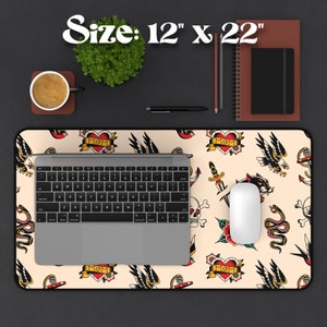 Our Tattoo Print Desk Mat is great for that extra personal touch at work or in your home office. These are the perfect addition to your retro, vintage, old school, traditional sailor tattoo, rockabilly themed gaming desk setup.