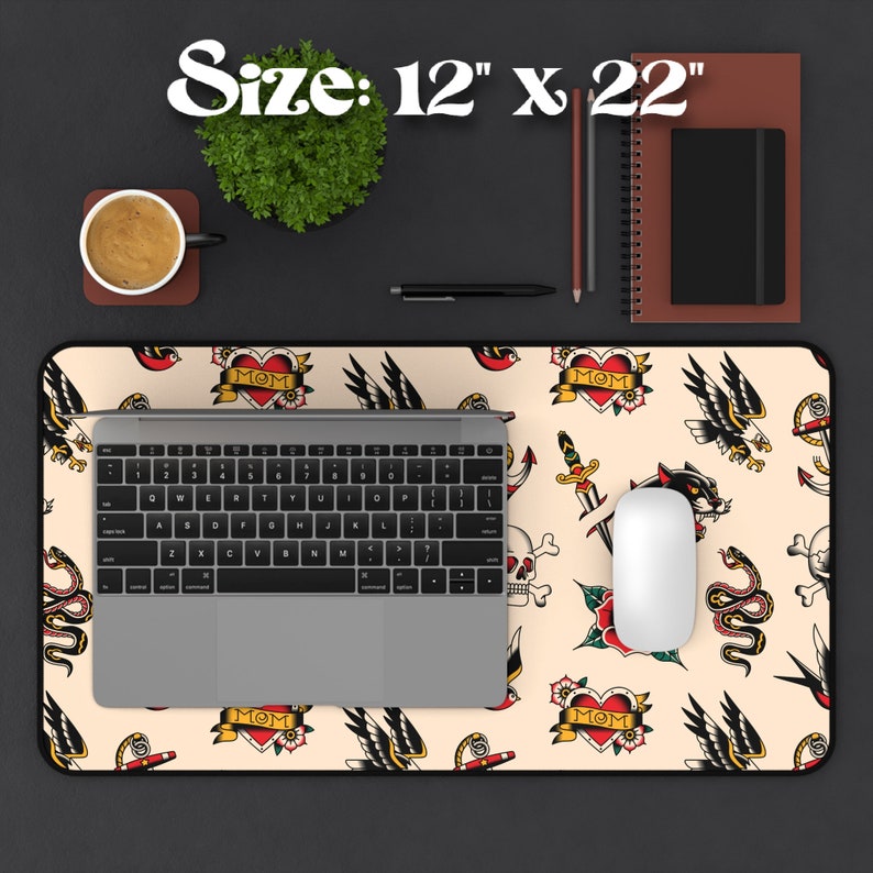 Our Tattoo Print Desk Mat is great for that extra personal touch at work or in your home office. These are the perfect addition to your retro, vintage, old school, traditional sailor tattoo, rockabilly themed gaming desk setup.