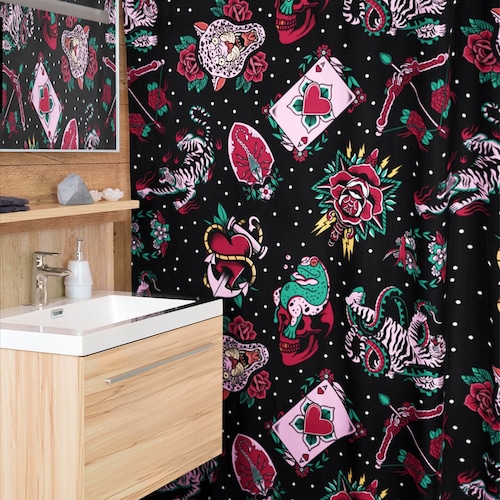 Rose Tattoo Print Shower Curtain | Vintage Traditional American