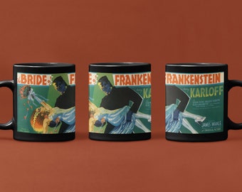 The Bride of Frankenstein Black Mug, 11oz or 15oz |  Monsters Vintage Horror Kitchen Coffee Tea Mug Cup Wedding Anniversary Gifts