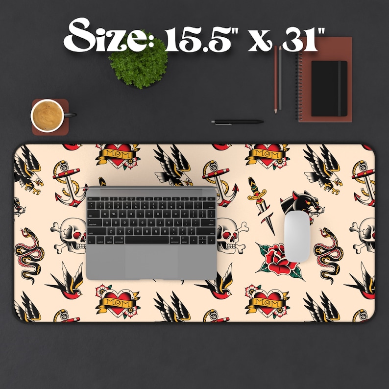 Our Tattoo Print Desk Mat is great for that extra personal touch at work or in your home office. These are the perfect addition to your retro, vintage, old school, traditional sailor tattoo, rockabilly themed gaming desk setup.