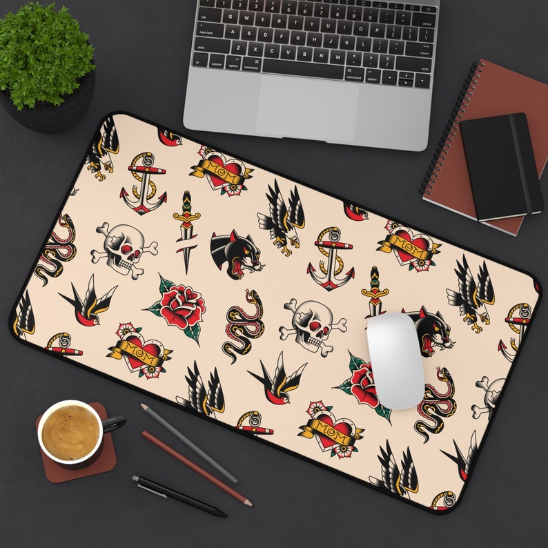 Our Tattoo Print Desk Mat is great for that extra personal touch at work or in your home office. These are the perfect addition to your retro, vintage, old school, traditional sailor tattoo, rockabilly themed gaming desk setup.
