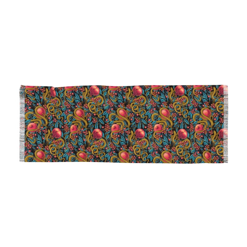 Our Pomegranate Snakes Light Scarf is transparent and printed in detail making a great shawl, hip scarf, or scarf through fall and winter. Great for fans of dark coquette, gothic femme, romantic, mystic, magic, high priestess, witchy inspired styles.