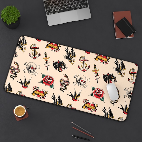 Tattoo Print Desk Mat | Vintage Old School Traditional Sailor Rockabilly Computer Laptop Office Tech Gaming Setup Mouse Pad Gifts Presents