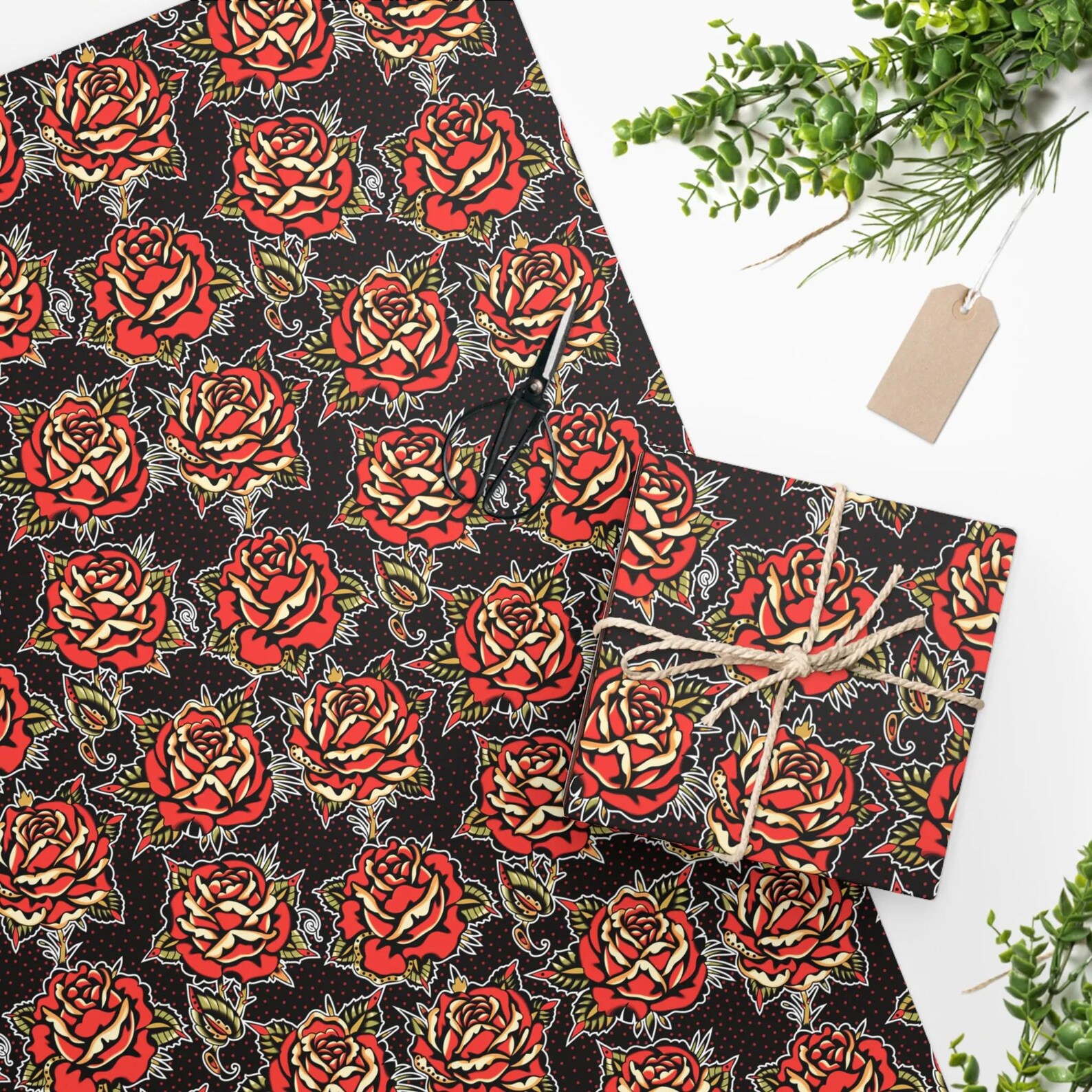 Old Roses Wrapperz Rose Tattoo Wrapping Paper | Traditional Sailor Retro Rockabilly ...