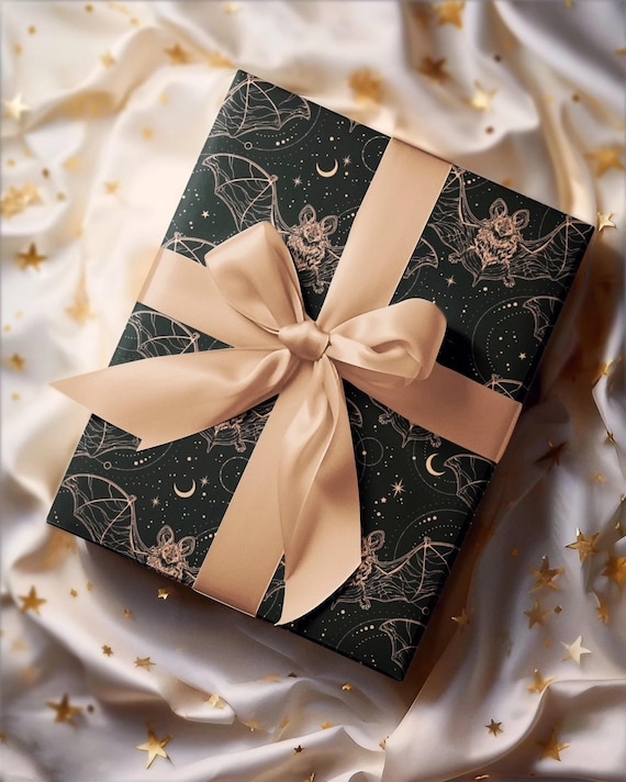 Celestial Bats Wrapping Paper | Bohemian Goth Horror Whimsigoth Witchy Academia Birthday Anniversary Wedding Christmas Present Gift Wrap