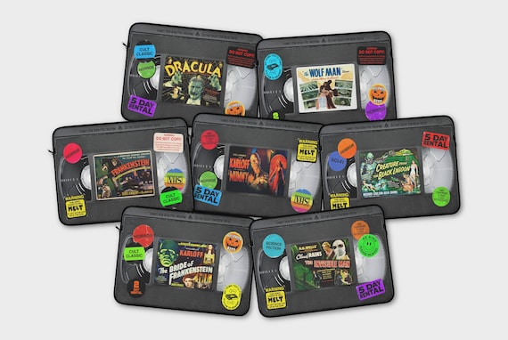 Your Pick Retro Horror VHS Laptop Sleeve | 80s 90s Movie Monsters Tape Computer Office Tech Gaming Setup Protective Case Bag Gifts Presents