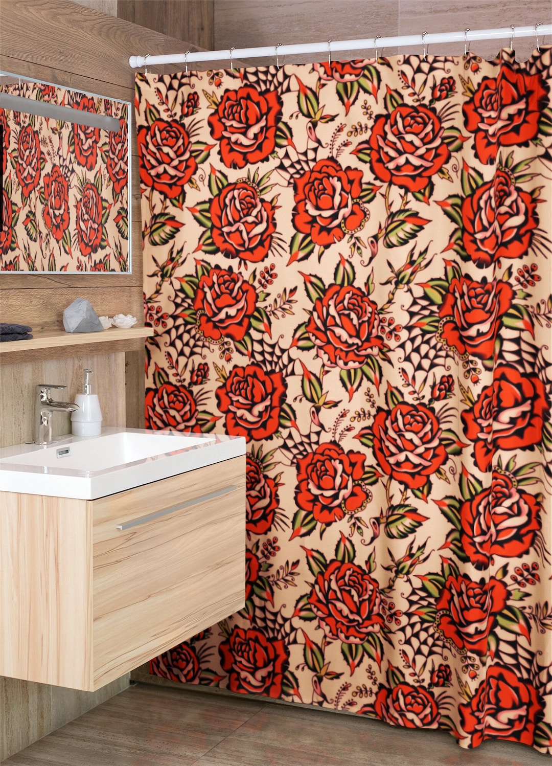 SAILOR JERRY シャワーカーテン　アメリカン雑貨 Rose Tattoo Print Shower Curtain | Vintage Traditional American