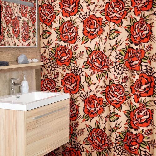 Rose Tattoo Print Shower Curtain | Vintage Traditional American