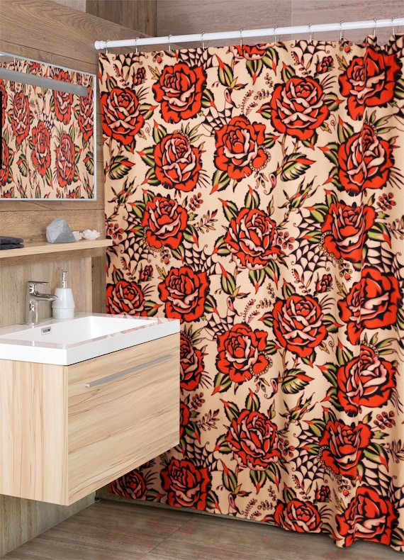 Rose Tattoo Print Shower Curtain | Vintage Traditional