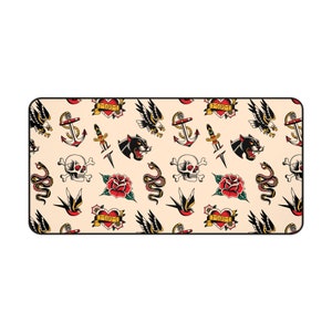 Our Tattoo Print Desk Mat is great for that extra personal touch at work or in your home office. These are the perfect addition to your retro, vintage, old school, traditional sailor tattoo, rockabilly themed gaming desk setup.