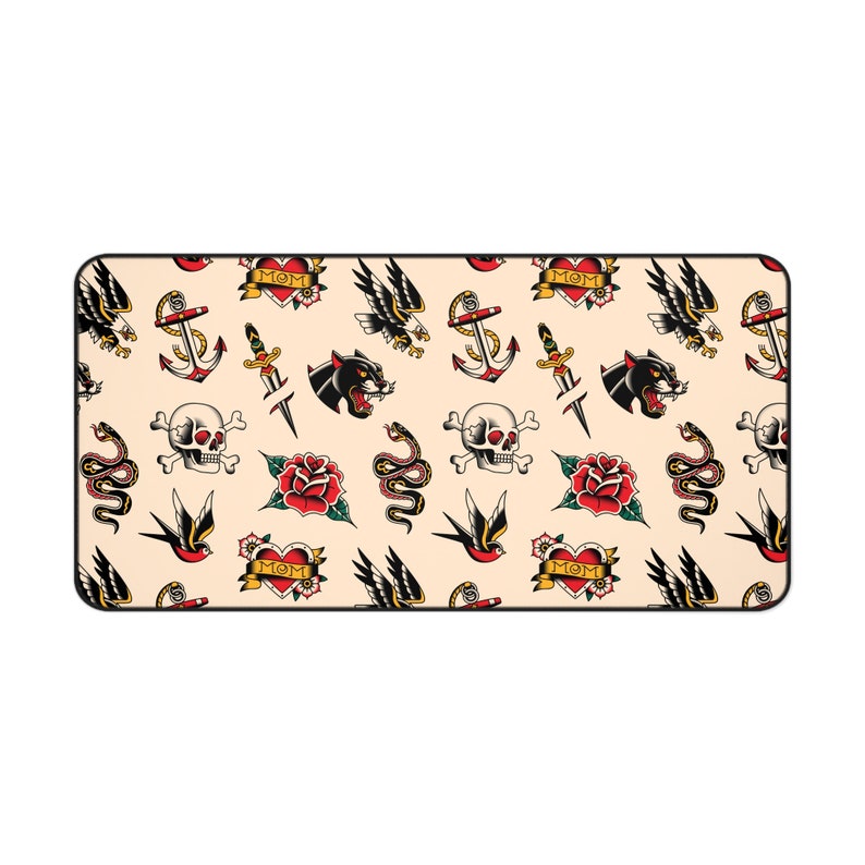 Our Tattoo Print Desk Mat is great for that extra personal touch at work or in your home office. These are the perfect addition to your retro, vintage, old school, traditional sailor tattoo, rockabilly themed gaming desk setup.