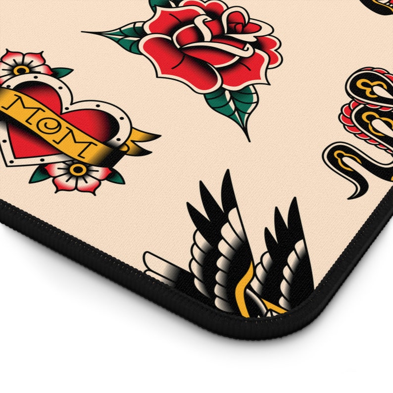 Our Tattoo Print Desk Mat is great for that extra personal touch at work or in your home office. These are the perfect addition to your retro, vintage, old school, traditional sailor tattoo, rockabilly themed gaming desk setup.