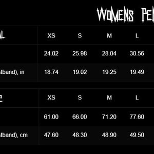 May include: Size chart for women's pencil skirts in imperial and metric measurements. The chart shows waist and outseam measurements in inches and centimetres for sizes XS, S, M, L, XL, and 2XL.